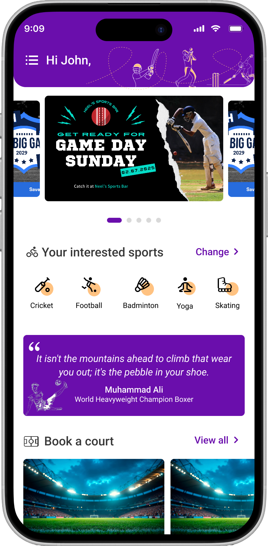 Playmates app home screen showing venue promos, favorite sports, and nearby courts