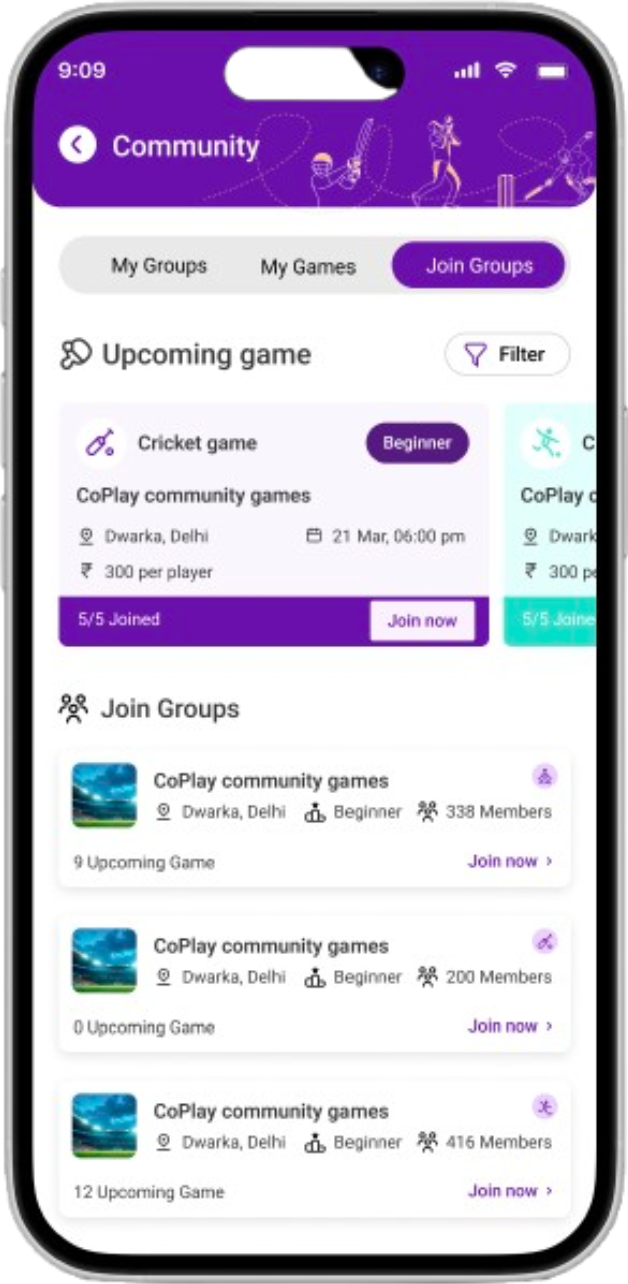 Playmates community screen showing groups and upcoming games