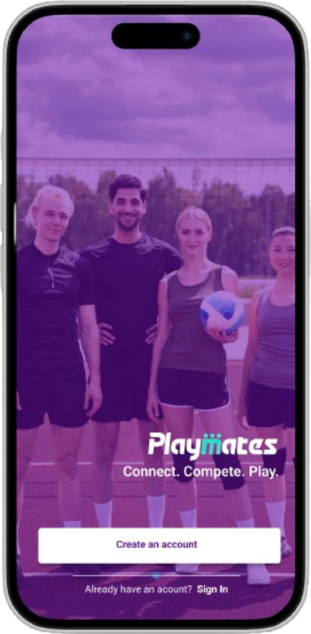 Playmates onboarding screen with Create an account and Sign In options