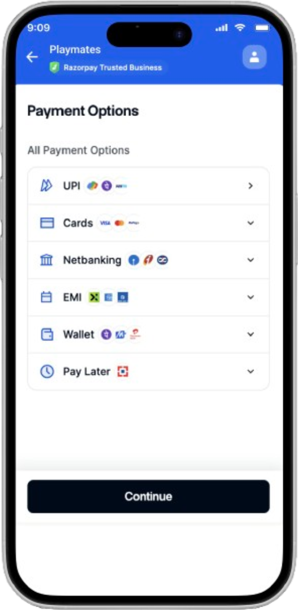Playmates payment options screen for booking checkout