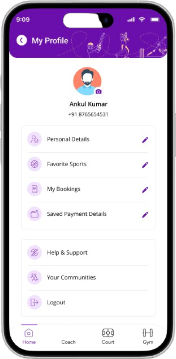 Playmates app profile screen showing personal details, bookings, and payment settings